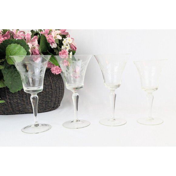 Vintage Etched Crystal Stemware Set of 4 Mixed Water Wine Glasses Floral Cut - Picture 9 of 9